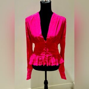 ROTATE Birgerchristensen Fushia long sleeve button v neck top